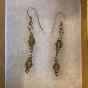 Silver and Green Dangly Beaded Earrings
